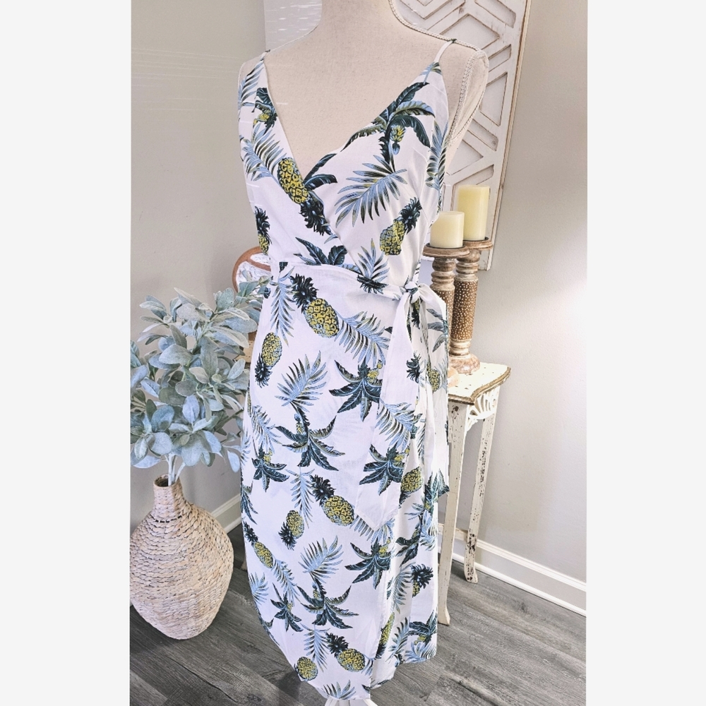 Love Harmony White Green Pineapple Print Strappy Wrap Midi Dress
